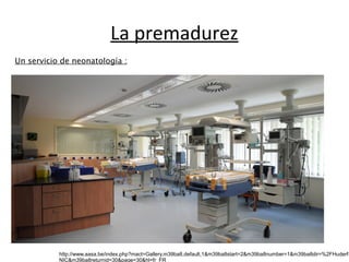 La premadurez 
Un servicio de neonatología : 
http://www.aasa.be/index.php?mact=Gallery,m39ba8,default,1&m39ba8start=2&m39ba8number=1&m39ba8dir=%2FHuderf- 
NIC&m39ba8returnid=30&page=30&hl=fr_FR 
 