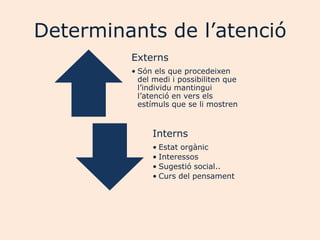 Determinants de l‟atenció
         Externs
         • Són els que procedeixen
           del medi i possibiliten que
           l‟individu mantingui
           l‟atenció en vers els
           estímuls que se li mostren


              Interns
              • Estat orgànic
              • Interessos
              • Sugestió social..
              • Curs del pensament
 