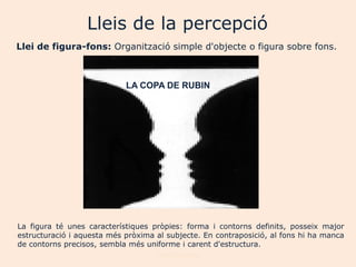 Lleis de la percepció
Llei de figura-fons: Organització simple d'objecte o figura sobre fons.



                            LA COPA DE RUBIN




La figura té unes característiques pròpies: forma i contorns definits, posseix major
estructuració i aquesta més pròxima al subjecte. En contraposició, al fons hi ha manca
de contorns precisos, sembla més uniforme i carent d'estructura.
                                    Joan Izquierdo
 