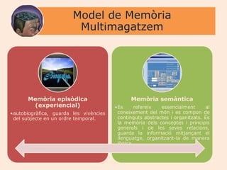 Model de Memòria
                         Multimagatzem




      Memòria episòdica                            Memòria semàntica
       (experiencial)                    •Es      refereix  essencialment      al
•autobiogràfica, guarda les vivències     coneixement del món i es compon de
 del subjecte en un ordre temporal.       continguts abstractes i organitzats. És
                                          la memòria dels conceptes i principis
                                          generals i de les seves relacions,
                                          guarda la informació mitjançant el
                                          llenguatge, organitzant-la de manera
                                          lògica.


                                  Joan Izquierdo
 