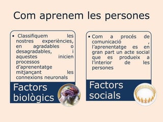Com aprenem les persones
• Classifiquem          les    • Com      a  procés    de
 nostres     experiències,       comunicació            ,
 en      agradables       o      l‟aprenentatge es en
 desagradables,            i     gran part un acte social
 aquestes           inicien      que es produeix a
 processos                       l‟interior   de      les
 d‟aprenentatge                  persones
 mitjançant             les
 connexions neuronals

Factors                        Factors
biològics                      socials
 