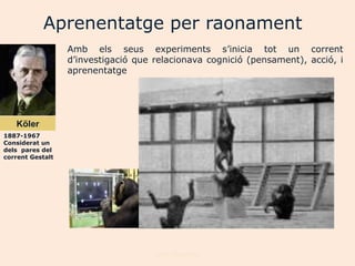 Aprenentatge per raonament
                  Amb els seus experiments s‟inicia tot un corrent
                  d‟investigació que relacionava cognició (pensament), acció, i
                  aprenentatge




   Köler
1887-1967
Considerat un
dels pares del
corrent Gestalt




                                     Joan Izquierdo
 