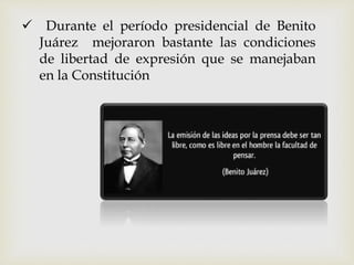 o En 1876, el general Porfirio Díaz se encontró
con un periodismo muy combativo, por cual
decide hacer una subvención a lo...