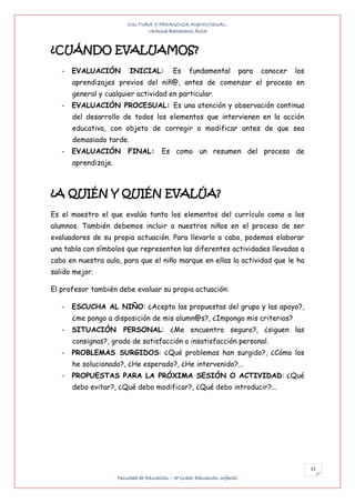 CULTURA Y PEDAGOGÍA AUDIOVISUAL.
                                Verónica Ballesteros Ávila


¿CUÁNDO EVALUAMOS?
   -   EVALUACIÓN          INICIAL:          Es     fundamental             para   conocer   los
       aprendizajes previos del niñ@, antes de comenzar el proceso en
       general y cualquier actividad en particular.
   -   EVALUACIÓN PROCESUAL: Es una atención y observación continua
       del desarrollo de todos los elementos que intervienen en la acción
       educativa, con objeto de corregir o modificar antes de que sea
       demasiado tarde.
   -   EVALUACIÓN         FINAL:        Es como un resumen del proceso de
       aprendizaje.



¿A QUIÉN Y QUIÉN EVALÚA?
Es el maestro el que evalúa tanto los elementos del currículo como a los
alumnos. También debemos incluir a nuestros niños en el proceso de ser
evaluadores de su propia actuación. Para llevarlo a cabo, podemos elaborar
una tabla con símbolos que representen las diferentes actividades llevadas a
cabo en nuestra aula, para que el niño marque en ellas la actividad que le ha
salido mejor.

El profesor también debe evaluar su propia actuación:

   -   ESCUCHA AL NIÑO: ¿Acepto las propuestas del grupo y las apoyo?,
       ¿me pongo a disposición de mis alumn@s?, ¿Impongo mis criterios?
   -   SITUACIÓN        PERSONAL: ¿Me encuentro seguro?, ¿siguen las
       consignas?, grado de satisfacción o insatisfacción personal.
   -   PROBLEMAS SURGIDOS: ¿Qué problemas han surgido?, ¿Cómo los
       he solucionado?, ¿He esperado?, ¿He intervenido?...
   -   PROPUESTAS PARA LA PRÓXIMA SESIÓN O ACTIVIDAD: ¿Qué
       debo evitar?, ¿Qué debo modificar?, ¿Qué debo introducir?...




                                                                                                   15
                      Facultad de Educación – 3º Grado Educación Infantil
 