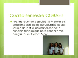 Cuarto semestre COBAEJ
 Pues después de descuidar la materia de
programación lógica estructurada decidí
salirme del ceti e ingresar al cobaej, al
principio tenia miedo pero conocí a mis
amigas Laura, Caro y Mary.
 