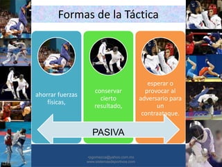 Formas de la Táctica
ahorrar fuerzas
físicas,
conservar
cierto
resultado,
esperar o
provocar al
adversario para
un
contraataque.
•30/01/2015 •44
•pgomezca@yahoo.com.mx
www.sistemasdeportivos.com
PASIVA
 