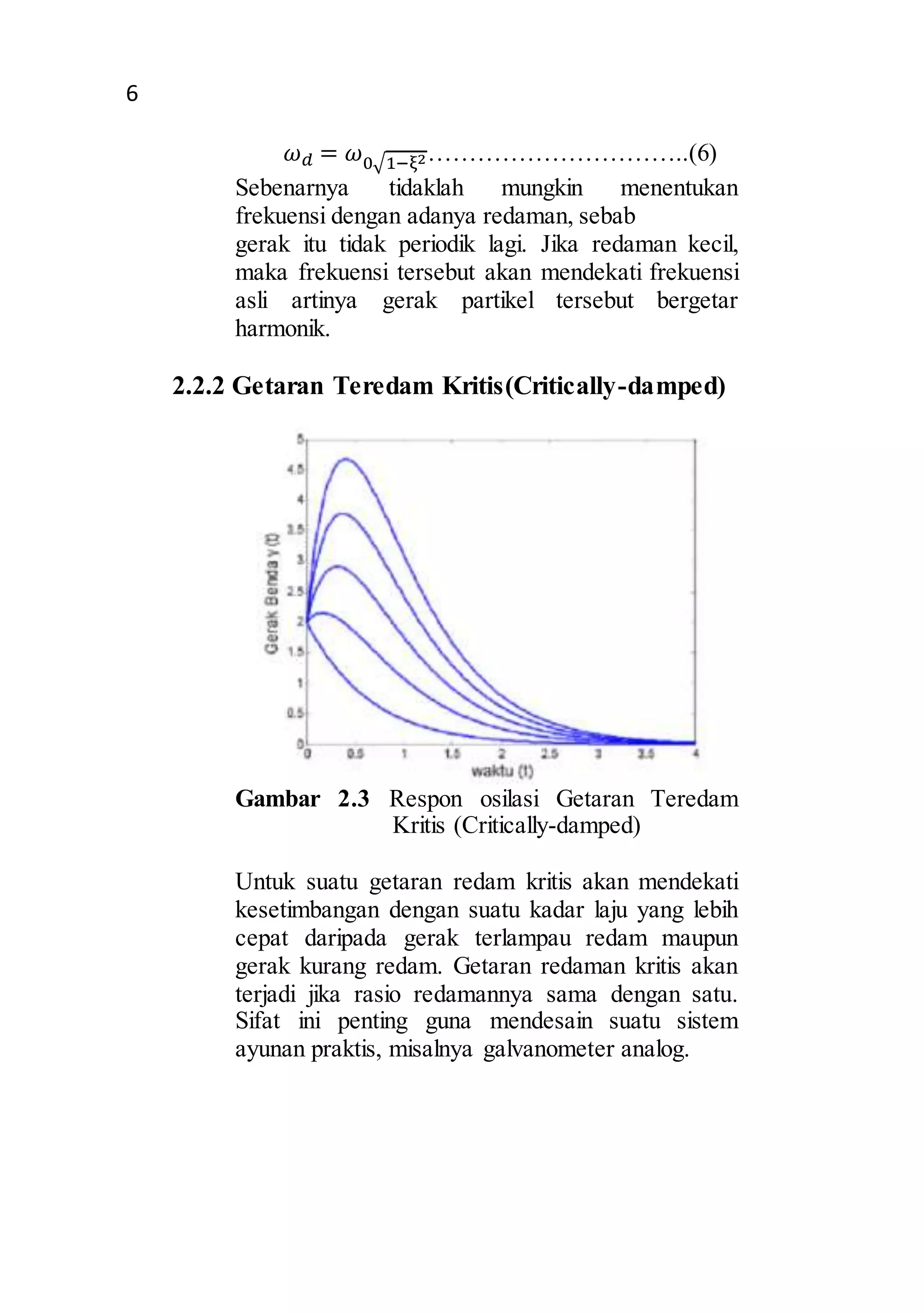 6 
휔푑 = 휔0√1−ξ2…………………………..(6) 
Sebenarnya tidaklah mungkin menentukan 
frekuensi dengan adanya redaman, sebab 
gerak itu tidak periodik lagi. Jika redaman kecil, 
maka frekuensi tersebut akan mendekati frekuensi 
asli artinya gerak partikel tersebut bergetar 
harmonik. 
2.2.2 Getaran Teredam Kritis(Critically-damped) 
Gambar 2.3 Respon osilasi Getaran Teredam 
Kritis (Critically-damped) 
Untuk suatu getaran redam kritis akan mendekati 
kesetimbangan dengan suatu kadar laju yang lebih 
cepat daripada gerak terlampau redam maupun 
gerak kurang redam. Getaran redaman kritis akan 
terjadi jika rasio redamannya sama dengan satu. 
Sifat ini penting guna mendesain suatu sistem 
ayunan praktis, misalnya galvanometer analog. 
 