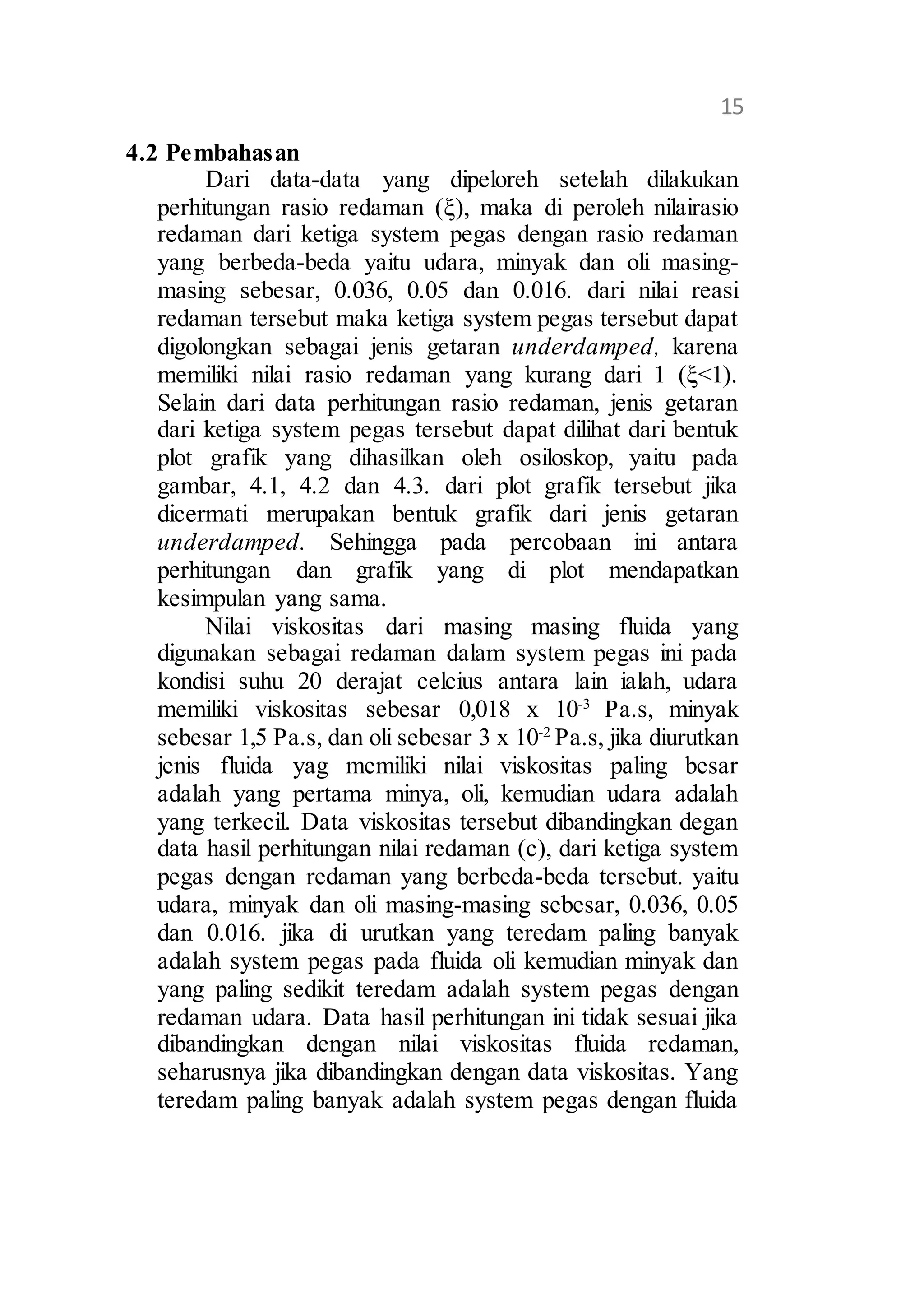 13 
4.2 Pembahasan 
15 
Dari data-data yang dipeloreh setelah dilakukan 
perhitungan rasio redaman (ξ), maka di peroleh nilairasio 
redaman dari ketiga system pegas dengan rasio redaman 
yang berbeda-beda yaitu udara, minyak dan oli masing-masing 
sebesar, 0.036, 0.05 dan 0.016. dari nilai reasi 
redaman tersebut maka ketiga system pegas tersebut dapat 
digolongkan sebagai jenis getaran underdamped, karena 
memiliki nilai rasio redaman yang kurang dari 1 (ξ<1). 
Selain dari data perhitungan rasio redaman, jenis getaran 
dari ketiga system pegas tersebut dapat dilihat dari bentuk 
plot grafik yang dihasilkan oleh osiloskop, yaitu pada 
gambar, 4.1, 4.2 dan 4.3. dari plot grafik tersebut jika 
dicermati merupakan bentuk grafik dari jenis getaran 
underdamped. Sehingga pada percobaan ini antara 
perhitungan dan grafik yang di plot mendapatkan 
kesimpulan yang sama. 
Nilai viskositas dari masing masing fluida yang 
digunakan sebagai redaman dalam system pegas ini pada 
kondisi suhu 20 derajat celcius antara lain ialah, udara 
memiliki viskositas sebesar 0,018 x 10-3 Pa.s, minyak 
sebesar 1,5 Pa.s, dan oli sebesar 3 x 10-2 Pa.s, jika diurutkan 
jenis fluida yag memiliki nilai viskositas paling besar 
adalah yang pertama minya, oli, kemudian udara adalah 
yang terkecil. Data viskositas tersebut dibandingkan degan 
data hasil perhitungan nilai redaman (c), dari ketiga system 
pegas dengan redaman yang berbeda-beda tersebut. yaitu 
udara, minyak dan oli masing-masing sebesar, 0.036, 0.05 
dan 0.016. jika di urutkan yang teredam paling banyak 
adalah system pegas pada fluida oli kemudian minyak dan 
yang paling sedikit teredam adalah system pegas dengan 
redaman udara. Data hasil perhitungan ini tidak sesuai jika 
dibandingkan dengan nilai viskositas fluida redaman, 
seharusnya jika dibandingkan dengan data viskositas. Yang 
teredam paling banyak adalah system pegas dengan fluida 
 