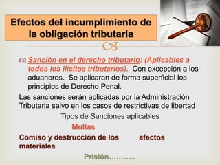 
 Sanción en el derecho tributario: (Aplicables a
todos los ilícitos tributarios). Con excepción a los
aduaneros. Se aplicaran de forma superficial los
principios de Derecho Penal.
Las sanciones serán aplicadas por la Administración
Tributaria salvo en los casos de restrictivas de libertad
Tipos de Sanciones aplicables
Multas
Comiso y destrucción de los efectos
materiales
Prisión………..
Efectos del incumplimiento de
la obligación tributaria
 
