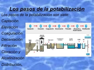 Los pasos de la potabilización
Los pasos de la potabilización son siete:
Captación
Elevación
Coagulación
Decantación
Filtración
Cloración y
Alcalinización
Distribución.
 