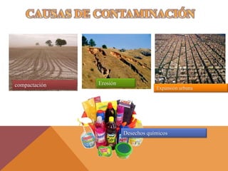 Erosióncompactación
Expansión urbana
Desechos químicos
 
