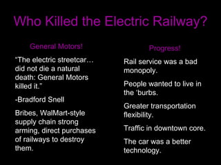 Who Killed the Electric Railway? General Motors! “ The electric streetcar… did not die a natural death: General Motors killed it.” -Bradford Snell Bribes, WalMart-style supply chain strong arming, direct purchases of railways to destroy them. Progress! Rail service was a bad monopoly.  People wanted to live in the ‘burbs. Greater transportation flexibility. Traffic in downtown core. The car was a better technology. 