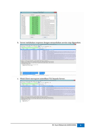 M. Husni Mubarrok (2103131032) 9
b. Server melakukan response dengan menyediakan service siap digunakan.
c. Pihak Client merequest autenfikasi TLS kepada Server.
 