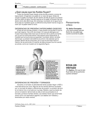 Nombre Curso
1 Fluidos y presión, continuación
¿Qué causa que los fluidos fluyan?
Todos los líquidos fluyen desde zonas de alta presión a zonas de
baja presión. Imagínate una pajilla en un vaso de agua. Antes de
chupar la pajilla, la presión de aire dentro de ella es igual a la presión
del aire sobre el agua. Cuando aspiras en la pajilla, la presión del aire
dentro de la ella disminuye. Sin embargo, la presión en el agua fuera
de la paja se mantiene igual. La diferencia de presión fuerza al agua a
subir por la pajilla hasta tu boca.
DIFERENCIAS DE PRESIÓN E INTERCAMBIO GASEOSO
El flujo de aire de alta presión a baja presión es también lo que le
permite respirar. Con el fin de inhalar, el músculo diafragma se
mueve hacia abajo. Esto hace que el volumen de tu pecho aumente,
por lo que tus pulmones tienen más espacio para expandirse. A
medida que tus pulmones se expanden, la presión dentro de ellos
disminuye. La presión atmosférica es ahora más elevada que la
presión dentro de los pulmones, por lo que el aire fluye hacia el
interior de los pulmones. El reverso de este proceso ocurre cuando
se exhala, como se muestra en la siguiente figura.
Pensamiento
crítico
10. Aplica Conceptos
¿Por qué la presión del aire
dentro de una pajilla baja
cuando succionas la pajilla
________________________
________________________
________________________
________________________
Al exhalar, un
músculo en el
pecho se mueve
hacia arriba. El
volumen de tu
pecho disminuye.
A medida que el
volumen de tu pecho
disminuye, la presión
en los pulmones
aumenta. La presión
en los pulmones se
hace mayor que la
presión fuera de los
pulmones. Por lo
tanto, el aire sale de
los pulmones (alta
presión) hacia el aire
exterior (presión baja).
ECHA UN
VISTAZO
11. Explica ¿Por qué el aire
fluye fuera de los pulmones
cuando exhalas?
DIFERENCIAS DE PRESIÓN Y TORNADOS
Durante un tornado, la velocidad del viento pueden llegar a 450 o
más kilómetros por hora. Algunos de los vientos dañinos causados
por un tornado se deben a diferencias de presión. La presión del aire
en el interior de un tornado es muy baja. Debido a que la presión de
aire en el exterior del tornado es alta, el aire se precipita en el
tornado y produce fuertes vientos. Los vientos hacen que el tornado
actúe como una aspiradora gigante. Los objetos son halados y
levantados por estos vientos.
GAToledo, Depto. de Cs., SFC, 2016
Fuerza y Fluidos 5 7º Básico
 