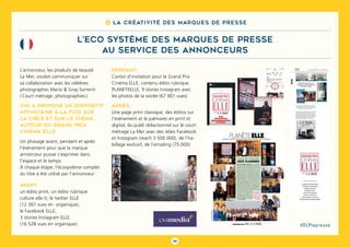 96
#DLPlapreuve
8 La créativité des marques de presse
L’ECO SYSTÈME DES MARQUES DE PRESSE
au service des annonceurs
L’annonceur, les produits de beauté
La Mer, voulait communiquer sur
sa collaboration avec les célèbres
photographes Mario & Gray Sorrenti
( Court métrage, photographies ).
CMI a proposé un dispositif
affinitaire à la fois sur
la cible et sur le thème,
autour du Grand Prix
Cinéma ELLE.
Un phasage avant, pendant et après
l’évènement pour que la marque
annonceur puisse s’exprimer dans
l’espace et le temps.
à chaque étape, l’écosystème complet
du titre a été utilisé par l’annonceur
Avant:
un édito print, un édito rubrique
culture elle.fr, le twitter ELLE
(12 367 vues en organique),
le Facebook ELLE,
3 stories Instagram ELLE
(16 528 vues en organique).
Pendant:
Carton d’invitation pour le Grand Prix
Cinéma ELLE, contenu édito rubrique
PLANETEELLE, 9 stories Instagram avec
les photos de la soirée (67 901 vues)
Après:
Une page print classique, des éditos sur
l’évènement et le palmarès en print et
digital, du publi rédactionnel sur le court
métrage La Mer avec des relais Facebook
et Instagram (reach 3 500 000), de l’ha-
billage exclusif, de l’emailing (75 000)
 