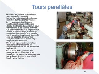 Les tours à métaux conventionnels
sont munis d’un mandrin
horizontal, qui supporte les pièces à
usiner et tourne à grande vitesse.
Ils occasionnent des blessures
extrêmement graves, même des
décès. Il est facile d’y coincer un bout
de vêtement et de s’y faire enrouler.
On doit doter les tours d’un protecteur
mobile à interverrouillage autour du
mandrin qui couvrira la plus grande
partie possible des pièces à usiner. Si
cela est possible, on recouvrira
complètement la zone de travail par
un protecteur coulissant.
On devrait également munir le tour
d’un écran arrière qui évite les
projections d’éclats sur les travailleurs
à proximité.
La vis mère doit également être
protégée par un protecteur. Il est
finalement recommandé d’installer une
barre d’arrêt d’urgence permettant
l’arrêt rapide du tour.
45
 