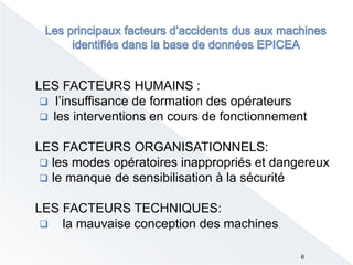 LES FACTEURS HUMAINS :
 l’insuffisance de formation des opérateurs
 les interventions en cours de fonctionnement
LES FACTEURS ORGANISATIONNELS:
 les modes opératoires inappropriés et dangereux
 le manque de sensibilisation à la sécurité
LES FACTEURS TECHNIQUES:
 la mauvaise conception des machines
6
 