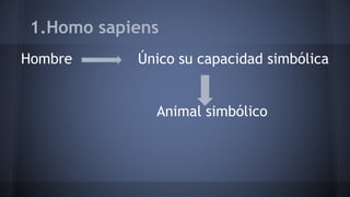 1.Homo sapiens
Hombre Único su capacidad simbólica
Animal simbólico
 