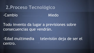 2.Proceso Tecnológico
-Cambio Miedo
Todo invento da lugar a previsiones sobre
consecuencias que vendrán.
-Edad multimedia televisión deja de ser el
centro.
 