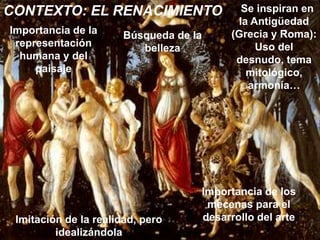 CONTEXTO: EL RENACIMIENTO                 - Se inspiran en
                                           la Antigüedad
Importancia de la      Búsqueda de la    (Grecia y Roma):
 representación           belleza              Uso del
  humana y del                             desnudo, tema
     paisaje                                 mitológico,
                                             armonía…




                                    Importancia de los
                                     mecenas para el
 Imitación de la realidad, pero     desarrollo del arte
         idealizándola
 