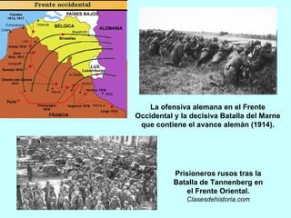 La ofensiva alemana en el Frente Occidental y la decisiva Batalla del Marne que contiene el avance alemán (1914). Prisioneros rusos tras la Batalla de Tannenberg en el Frente Oriental.  Clasesdehistoria.com 