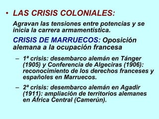 LAS CRISIS COLONIALES: Agravan las tensiones entre potencias y se inicia la carrera armamentística. CRISIS DE MARRUECOS:   Oposición alemana a la ocupación francesa 1ª crisis: desembarco alemán en Tánger (1905) y Conferencia de Algeciras (1906): reconocimiento de los derechos franceses y españoles en Marruecos. 2ª crisis: desembarco alemán en Agadir (1911): ampliación de territorios alemanes en África Central (Camerún). 