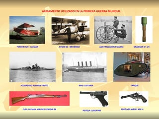 ARMAMENTO UTILIZADO EN LA PRIMERA GUERRA MUNDIAL FOKKER DVH - ALEMÁN AVIÓN B2 - BRITÁNICO AMETRALLADORA MAXIM GRANADA M - 24 ACORAZADO ALEMÁN TIRPÌTZ RMS LUSITANIA TANQUE FUSIL ALEMÁN MAUSER GEWEHR 98 PISTOLA LUGER P08  REVÓLVER WBLEY MK VI 