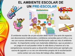 EL AMBIENTE ESCOLAR DE
UN PRE-ESCOLAR
El ambiente escolar de un pre-escolar debe reunir una serie de espacios
con decoraciones tradicionales y cotidianas conocidas para el niño y a su
vez con nuevos elementos para familiarizarle cada vez más al ambiente
escolar. Es importante contar con materiales didácticos que se presten a
un juego en el cual puedan imitar la vida diaria y hacerse así a las
competencias necesarias para su desarrollo inicial como por ejemplo una
cocina de juguete y a su vez con elementos propios de la escolarización
como contar con una mesa de trabajo sillas, tableros etc.
 