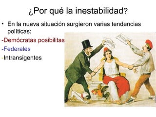 ¿Por qué la inestabilidad?
• En la nueva situación surgieron varias tendencias
políticas:
-Demócratas posibilitas
-Federales
-Intransigentes
 
