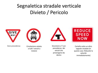 Segnaletica stradale verticale
Divieto / Pericolo
Dare precedenza Circolazione vietata
a tutti i veicoli a
motore
Giunzione a T con
precedenza dei
veicoli che
provengono da
destra
Cartello sotto un altro
segnale stradale (in
questo caso: Riducete la
velocità
immediatamente)
 