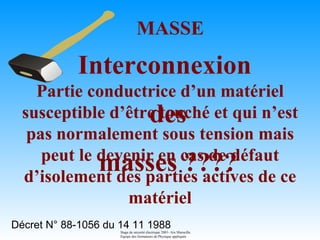 MASSE

            Interconnexion
    Partie conductrice d’un matériel
                   des
  susceptible d’être touché et qui n’est
   pas normalement sous tension mais
     peut le devenir en cas de défaut
             masses ???? de ce
  d’isolement des parties actives
                 matériel
Décret N° 88-1056 du 14 11 1988
                     Stage de sécurité électrique 2001- Aix Marseille.
                     Equipe des formateurs de Physique appliquée
 