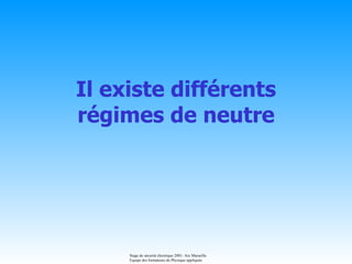 Il existe différents
régimes de neutre




     Stage de sécurité électrique 2001- Aix Marseille.
     Equipe des formateurs de Physique appliquée
 