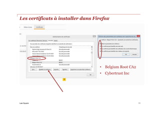 Law Square
Les certificats à installer dans Firefox
11
• Belgium Root CA2
• Cybertrust Inc
 