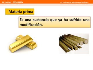 IX- Unidad : GEOGRAFÍA I.E.P «Nuestra Señora de Guadalupe» 
Materia prima 
Es una sustancia que ya ha sufrido una 
modificación. 
 