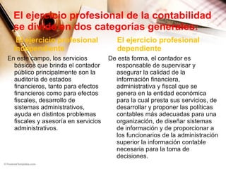 El ejercicio profesional de la contabilidad se divide en dos categorías generales: El ejercicio profesional independiente En este campo, los servicios básicos que brinda el contador público principalmente son la auditoría de estados financieros, tanto para efectos financieros como para efectos fiscales, desarrollo de sistemas administrativos, ayuda en distintos problemas fiscales y asesoría en servicios administrativos. El ejercicio profesional dependiente De esta forma, el contador es responsable de supervisar y asegurar la calidad de la información financiera, administrativa y fiscal que se genera en la entidad económica para la cual presta sus servicios, de desarrollar y proponer las políticas contables más adecuadas para una organización, de diseñar sistemas de información y de proporcionar a los funcionarios de la administración superior la información contable necesaria para la toma de decisiones. 