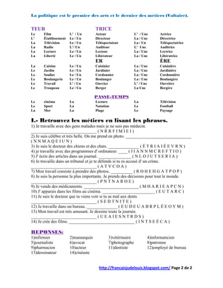 La politique est le premier des arts et le dernier des métiers (Voltaire).


TEUR                                 TRICE
Le     Film            L’ / Un       Acteur                 L’ / Une     Actrice
L’     Établissement   Le / Un       Directeur              La / Une     Directrice
La     Télévision      Le / Un       Téléspectateur         La / Un      Téléspectatrice
La     Radio           L’/ Un        Auditeur               L’ Une       Auditrice
La     Lecture         Le / Un       Lecteur                La / Une     Lectrice
La     Liberté         Le / Un       Libérateur             La / Une     Libératrice
                                     ER                                  ÈRE
La     Cuisine         Le / Un       Cuisinier              La / Une     Cuisinière
Le     Jardin          Le / Un       Jardinier              La / Une     Jardinière
Le     Soulier         Le / Un       Cordonnier             La / Une     Cordonnière
Le     Boulangerie     Le / Un       Boulanger              La / Une     Boulangère
Le     Travail         L’ / Un       Ouvrier                L’ / Une     Ouvrière
Le     Troupeau        Le / Un       Berger                 La Une       Bergère

                                     PASSE-TEMPS
Le     cinéma          La            Lecture                La           Télévision
Le     Sport           La            Natation               Le           Football
La     Mer             La            Plage                  Le           Paysage

I.- Retrouvez les métiers en lisant les phrases.
1) Je travaille avec des gens malades mais je ne suis pas médecin.
______________________________ ( N R R F I M I E I )
2) Je suis célèbre et très belle. On me prend en photo. ______________________________
(NNMAQEIUN)
3) Je suis le docteur des chiens et des chats. ______________ ( É T R I A I É E V R N )
4) je travaille avec des programmes d' ordinateur. ____ ( I I A N N M C R E F T I O )
5) J' écris des articles dans un journal. _______________ ( N L O J U T S E R I A )
6) Je travaille dans un tribunal et je te défends si tu es accusé d' un crime.
______________________________ ( A T V C O A )
7) Mon travail consiste à prendre des photos. __________ ( R O H E H G A T P O P )
8) Je suis la personne la plus importante. Je prends des décisions pour tout le monde.
______________________________ ( P N T N A R O E )
9) Je vends des médicaments. _________________________ ( M H A R I E A P C N )
10) J' apparais dans les films au cinéma. ________________________ ( E U T A R C )
11) Je suis le docteur que tu viens voir si tu as mal aux dents
______________________________ ( S E D T N I T E )
12) Je travaille dans un bureau. ______________ ( E U D E U A B R P L É E O Y M )
13) Mon travail est très amusant. Je dessine toute la journée.
______________________________ ( U E A I E S N T R D S )
14) Je crée des films. ______________________________ ( I N T S E É C A )

REPONSES:
1)infirmier            2)mannequin          3)vétérinaire          4)informaticien
5)journaliste          6)avocat             7)photographe          8)patronne
9)pharmacien           10)acteur            11)dentiste            12)employé de bureau
13)dessinateur         14)cinéaste


                                       http://francaisjudelouis.blogspot.com/ Page 2 de 2
 