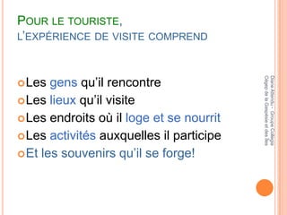 POUR LE TOURISTE,
L’EXPÉRIENCE DE VISITE COMPREND



       gens qu’il rencontre




                                          Cégep de la Gaspésie et des Îles
                                          Diane Attendu - Groupe Collegia
 Les
 Les lieux qu’il visite
 Les endroits où il loge et se nourrit
 Les activités auxquelles il participe
 Et les souvenirs qu’il se forge!
 