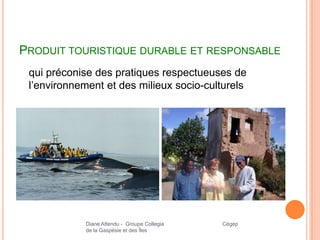 PRODUIT TOURISTIQUE DURABLE ET RESPONSABLE
 qui préconise des pratiques respectueuses de
 l’environnement et des milieux socio-culturels




             Diane Attendu - Groupe Collegia   Cégep
             de la Gaspésie et des Îles
 