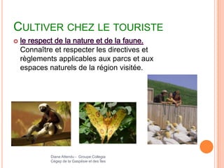 CULTIVER CHEZ LE TOURISTE
 Connaître et respecter les directives et
 règlements applicables aux parcs et aux
 espaces naturels de la région visitée.




          Diane Attendu - Groupe Collegia
          Cégep de la Gaspésie et des Îles
 