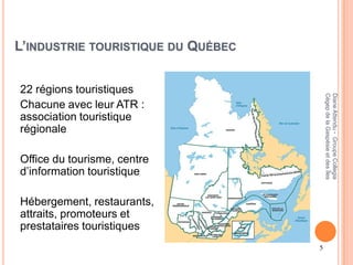 L’INDUSTRIE TOURISTIQUE DU QUÉBEC


22 régions touristiques




                                        Cégep de la Gaspésie et des Îles
                                        Diane Attendu - Groupe Collegia
Chacune avec leur ATR :
association touristique
régionale

Office du tourisme, centre
d’information touristique

Hébergement, restaurants,
attraits, promoteurs et
prestataires touristiques
                                    5
 