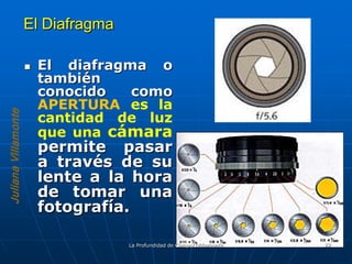 El Diafragma

                    El diafragma o
                     también
                     conocido   como
                     APERTURA es la
                     cantidad de luz
Juliana Villamonte




                     que una cámara
                     permite pasar
                     a través de su
                     lente a la hora
                     de tomar una
                     fotografía.

                               La Profundidad de Campo/JVillamonte   22
 