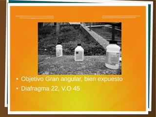 ●   Objetivo Gran angular, bien expuesto
●   Diafragma 22, V.O 45
 