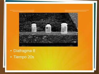 ●   Diafragma 8
●   Tiempo 20s
 