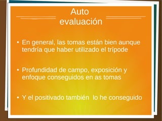 Auto
                evaluación

●   En general, las tomas están bien aunque
    tendría que haber utilizado el trípode

●   Profundidad de campo, exposición y
    enfoque conseguidos en as tomas

●   Y el positivado también lo he conseguido
 