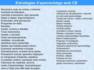 Narracions orals de contes o històries. Activitats de biblioteca. Activitats d’escriptura: diari personal. Debat a classe: argumentacions. Entrevistes: amb gravacions. Programes de ràdio. Revistes Cantar: el tema a treballar Tocar instruments. Assistir a concerts Crear acompanyaments,  melodies  conceptuals. Identificar sons ambientals. Música que treballa estats d’ànim. Expressar sentiments musicals Dramatitzacions: el teatre de la classe. Pensament manual: aprendre mitjançant  la manipulació d’objectes; plastilina. Conceptes cinètics: expressar amb mímica. Fabricació de materials: dominó,  cartes d’aprenentatge, trencaclosques. Jocs a l’aula: jocs dels plats de paper.  L’expressió corporal Utilització de visualitzacions i senyals de color pels aprenentatge. Creació de còmics, videos o pel·licules. Murals visuals. Mapes mentals. Panells didàctics. Símbols gràfics Activitats a l’entorn natural. Plantes i mascotes a l’aula. Centres d’aprenentatge naturalistes. Diaris d’observacions. Projectes d’investigació. Organitzar col·leccions. Aplicació personal de l’aprenentatge. Autoavaluació. Destreses de concentració. Diaris personals. Portfolis: reflexió Projecte de futur. Educació emocional: autoestima i gestió d’emocions i sentiments Estratègies d’aprenentatge amb CB  