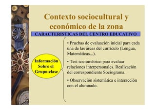 Contexto sociocultural y 
económico de la zona 
CARACTERÍSTICAS DEL CENTRO EDUCATIVO 
Información 
Sobre el 
Grupo-clase 
• Pruebas de evaluación inicial para cada 
una de las áreas del currículo (Lengua, 
Matemáticas...). 
• Test sociométrico para evaluar 
relaciones interpersonales. Realización 
del correspondiente Sociograma. 
• Observación sistemática e interacción 
con el alumnado. 
 