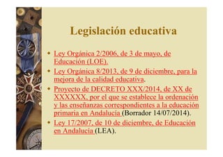 Legislación educativa 
 Ley Orgánica 2/2006, de 3 de mayo, de 
Educación (LOE). 
 Ley Orgánica 8/2013, de 9 de diciembre, para la 
mejora de la calidad educativa. 
 Proyecto de DECRETO XXX/2014, de XX de 
XXXXXX, por el que se establece la ordenación 
y las enseñanzas correspondientes a la educación 
primaria en Andalucía (Borrador 14/07/2014). 
 Ley 17/2007, de 10 de diciembre, de Educación 
en Andalucía (LEA). 
 