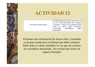 ACTIVIDAD 12 
Presentar esta información de forma clara y resumida 
es de gran ayuda para el tribunal que debe evaluarte. 
Sobre todo se valora claridad a la vez que ser conciso, 
sin extenderse demasiado. ¡No olvides que tienes un 
espacio limitado! 
 