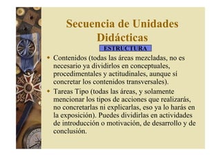 Secuencia de Unidades 
Didácticas 
ESTRUCTURA 
 Contenidos (todas las áreas mezcladas, no es 
necesario ya dividirlos en conceptuales, 
procedimentales y actitudinales, aunque sí 
concretar los contenidos transversales). 
 Tareas Tipo (todas las áreas, y solamente 
mencionar los tipos de acciones que realizarás, 
no concretarlas ni explicarlas, eso ya lo harás en 
la exposición). Puedes dividirlas en actividades 
de introducción o motivación, de desarrollo y de 
conclusión. 
 
