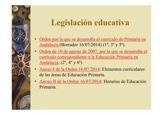Legislación educativa 
 Orden por la que se desarrolla el currículo de Primaria en 
Andalucía (Borrador 16/07/2014) (1º, 3º y 5º). 
 Orden de 10 de agosto de 2007, por la que se desarrolla el 
currículo correspondiente a la Educación Primaria en 
Andalucía. (2º, 4º y 6º) 
 Anexo I de la Orden 16/07/2014: Elementos curriculares 
de las áreas de Educación Primaria. 
 Anexo II de la Orden 16/07/2014: Horarios de Educación 
Primaria. 
 